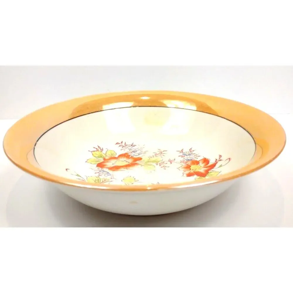 Vintage Japanese Luster Ware Serving Bowl with Floral Center Peach Band 9.5